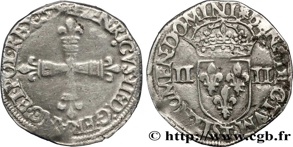 HENRI III Quart d écu, croix de face 1579 Nantes TB+/TTB