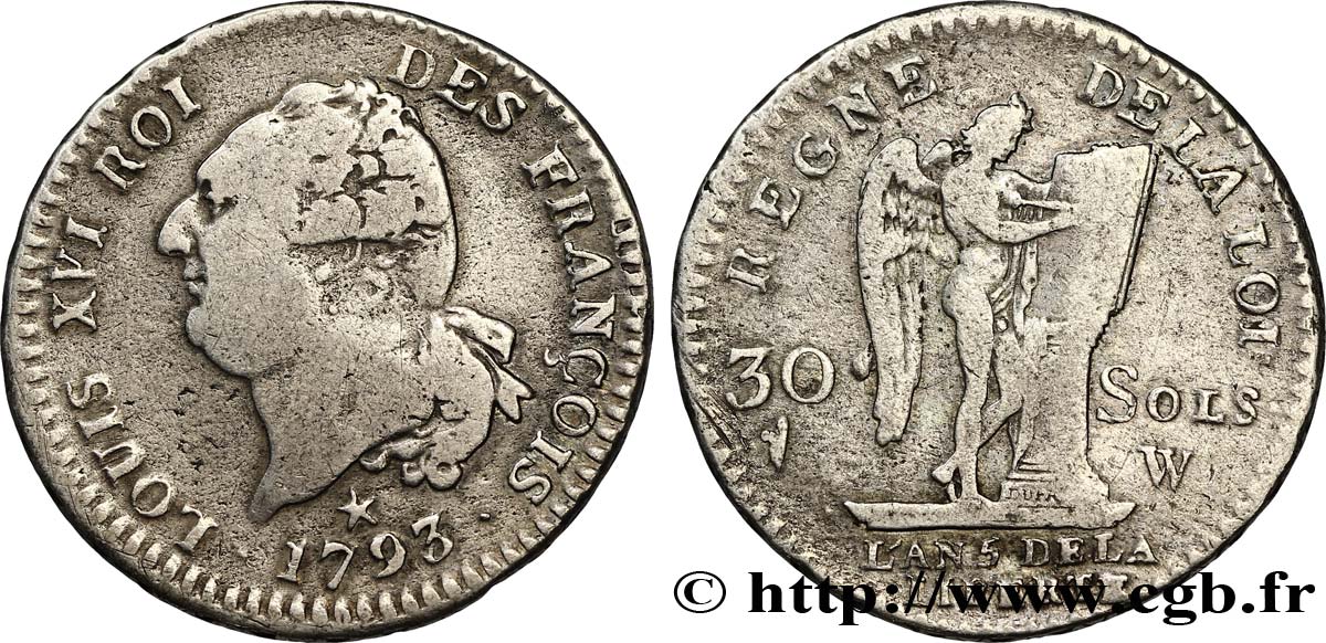 LOUIS XVI (MONARQUE CONSTITUTIONNEL) 30 sols dit au génie , type FRANÇOIS 1793 Lille TB