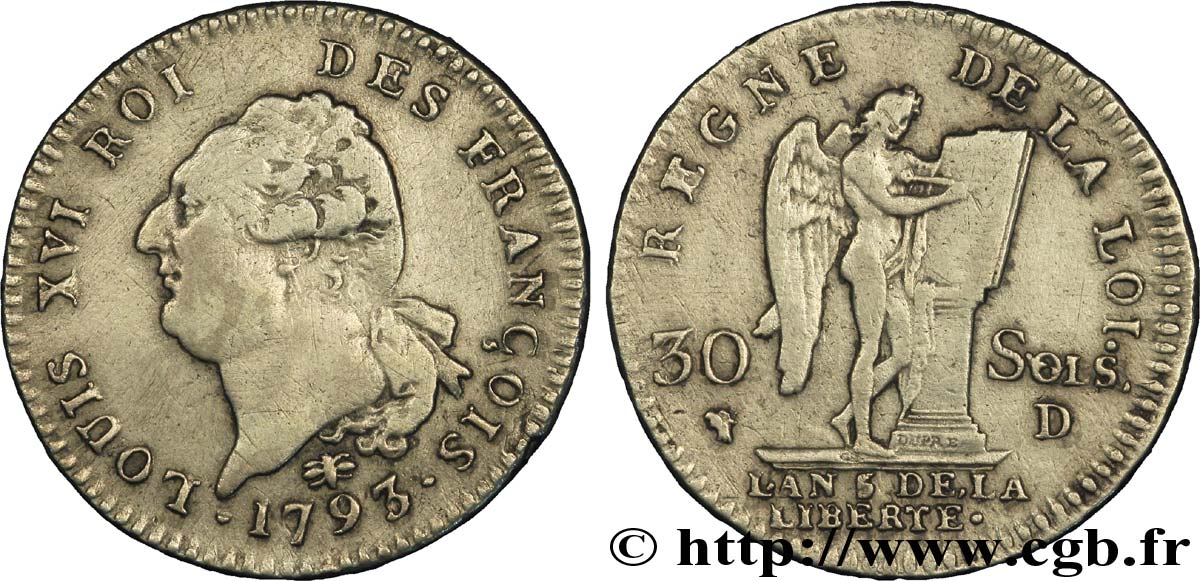 LA CONVENTION 30 sols dit au génie , type FRANÇOIS 1793 Lyon TB+