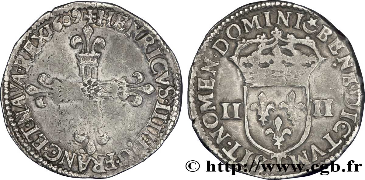 HENRI IV LE GRAND Quart d écu, croix bâtonnée et fleurdelisée de face 1609 Nantes TB+