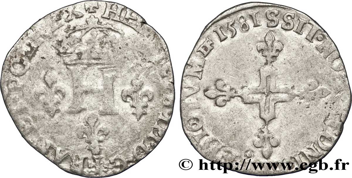 HENRY III Double sol parisis, 2e type 1581 Troyes BC+