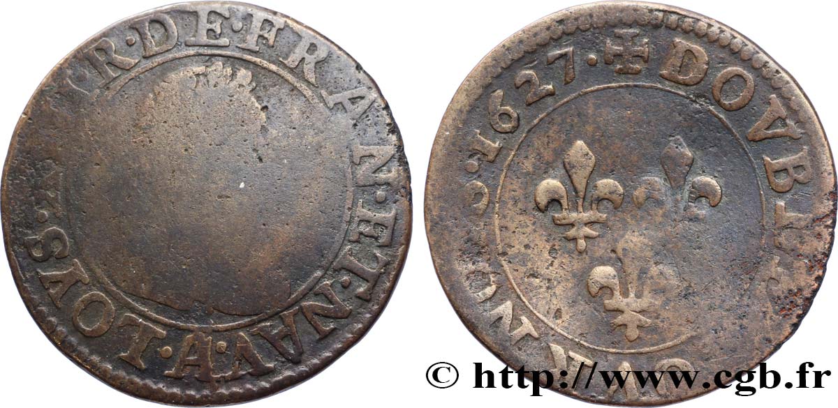 LOUIS XIII LE JUSTE Double tournois, 4e type 1627 Paris B+/TB+