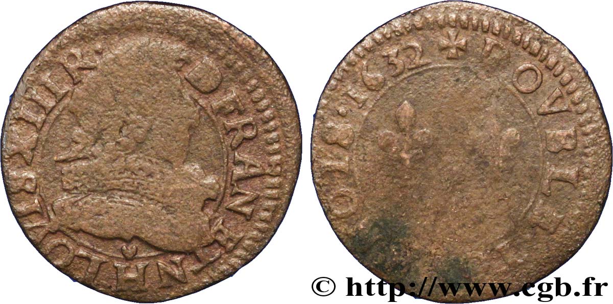 LOUIS XIII LE JUSTE Double tournois, type 1 1632 La Rochelle TB/B+