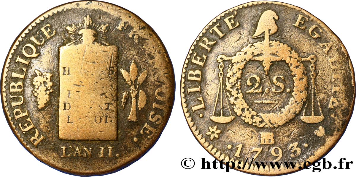 LA CONVENTION 2 sols dit à la table de loi 1793 Strasbourg TB