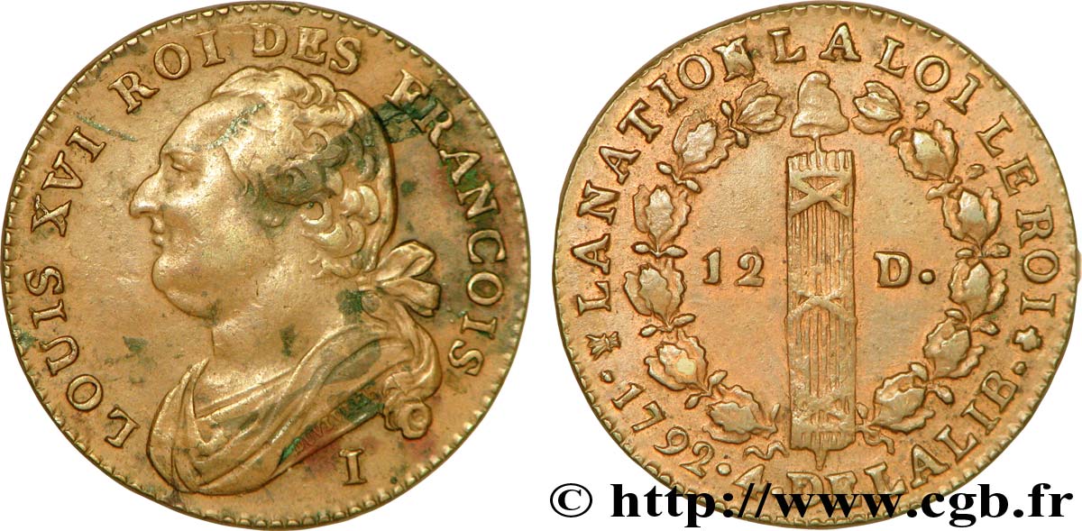 LOUIS XVI (MONARQUE CONSTITUTIONNEL) 12 deniers dit au faisceau , type FRANCOIS 1792 Limoges TTB+