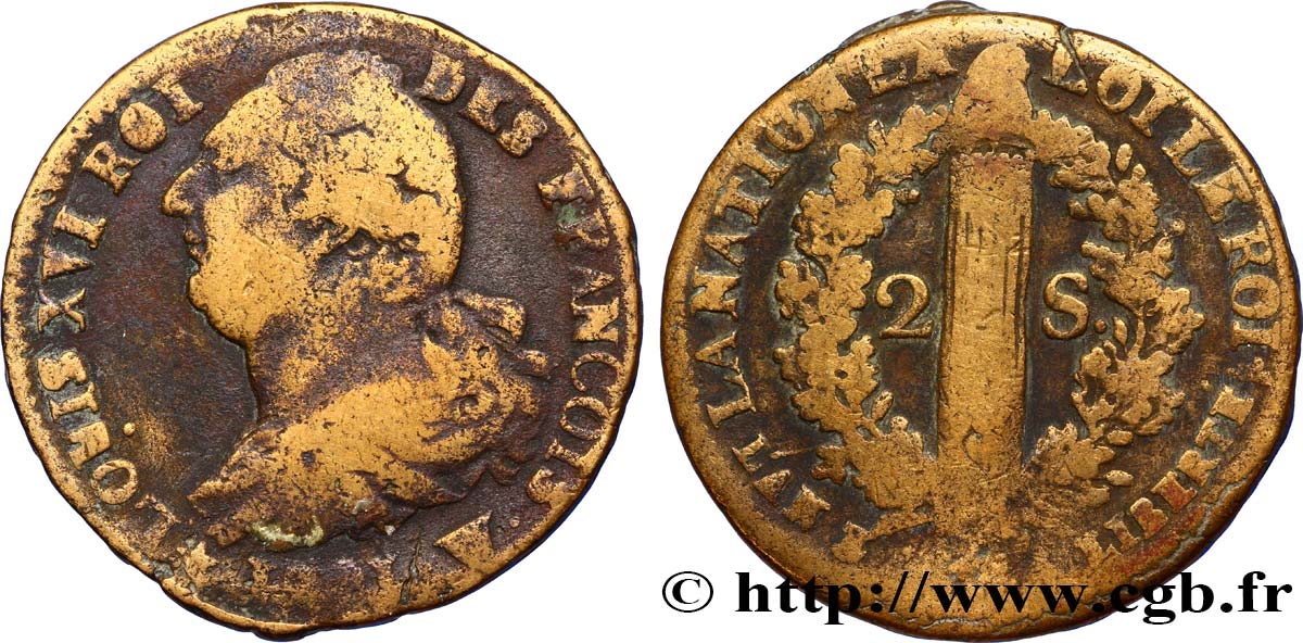 LOUIS XVI 2 sols dit au faisceau , type FRANÇOIS 1791 Lille RC
