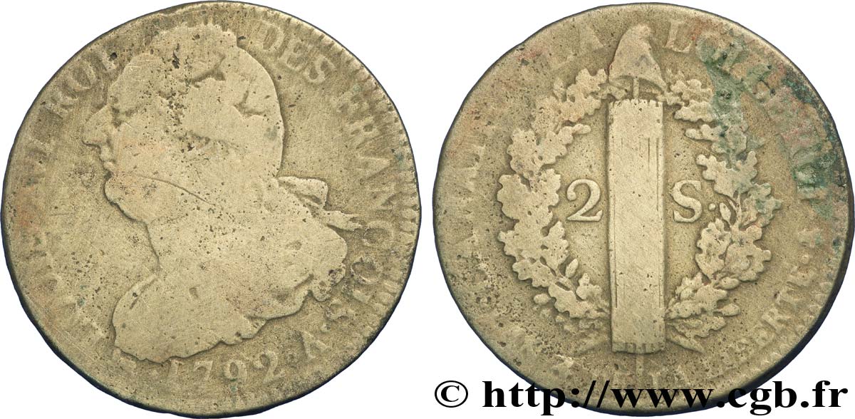 LOUIS XVI (MONARQUE CONSTITUTIONNEL) 2 sols dit au faisceau , type FRANÇOIS 1792 Paris B
