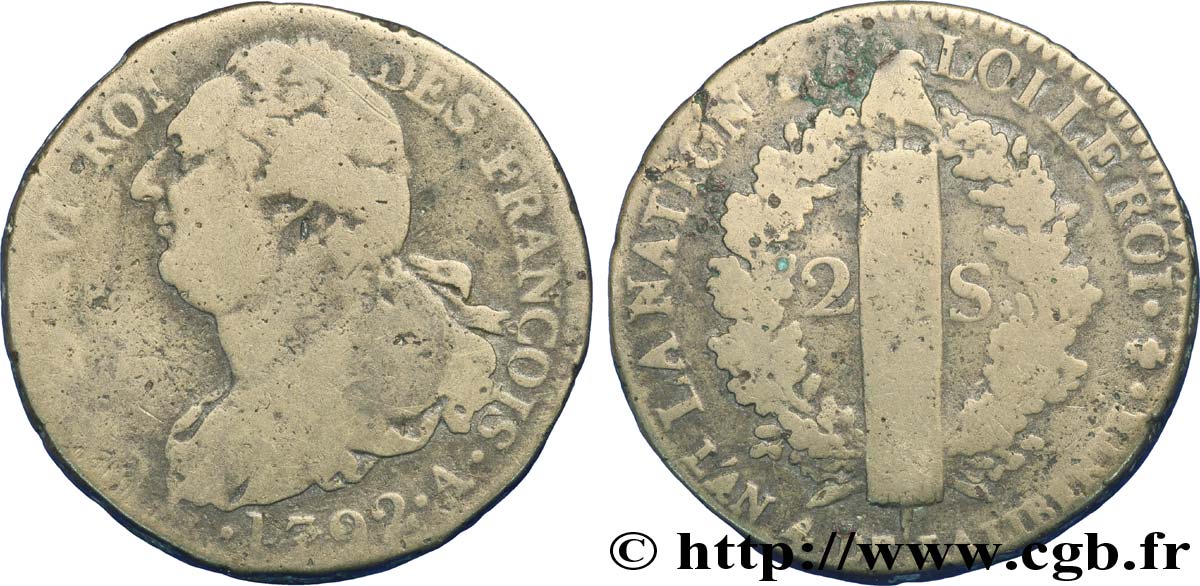 LOUIS XVI (MONARQUE CONSTITUTIONNEL) 2 sols dit au faisceau , type FRANÇOIS 1792 Paris B