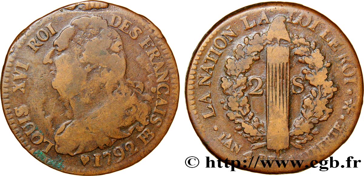 LOUIS XVI 2 sols dit au faisceau , type FRANÇAIS 1792 Strasbourg S