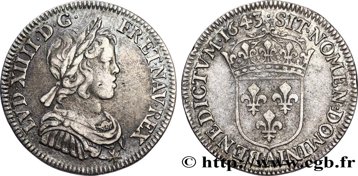 LOUIS XIV LE GRAND OU LE ROI SOLEIL Quart d écu, portrait à la mèche courte 1643 Paris, Monnaie du Louvre TTB