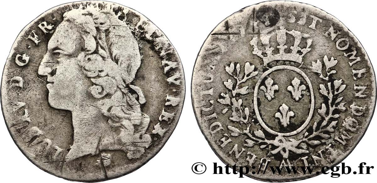 LOUIS XV DIT LE BIEN AIMÉ Dixième d écu aux branches d’olivier, tête ceinte d’un bandeau 1744 Metz TB