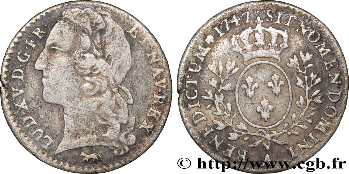 LOUIS XV DIT LE BIEN AIMÉ Dixième d écu aux branches d’olivier, tête ceinte d’un bandeau 1747 Paris TB+