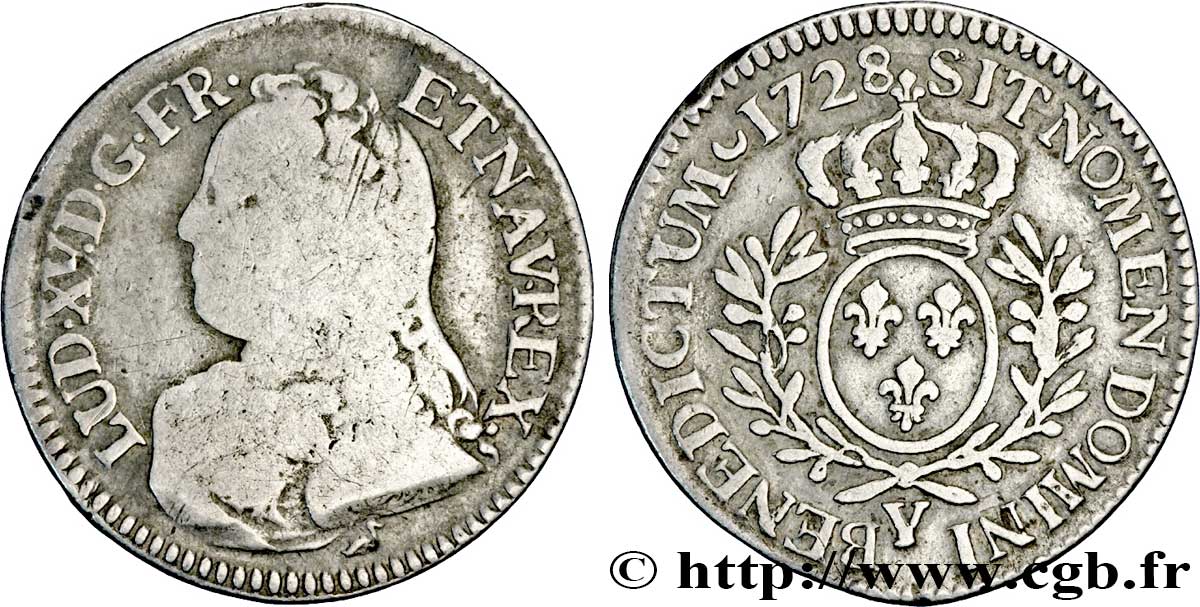 LOUIS XV DIT LE BIEN AIMÉ Cinquième d écu aux branches d olivier, buste habillé 1728 Bourges B/TB