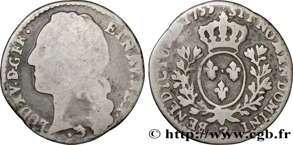 LOUIS XV DIT LE BIEN AIMÉ Dixième d écu aux branches d’olivier, tête ceinte d’un bandeau 1755 Grenoble B