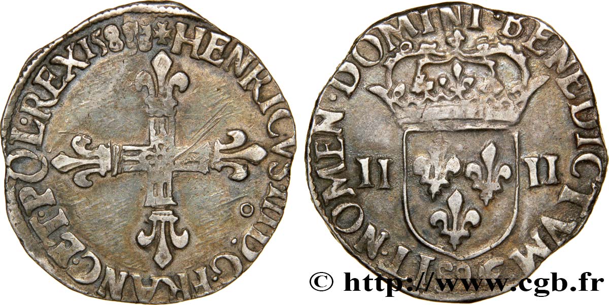 HENRI III Quart d écu, croix de face 1588 Rennes TB+