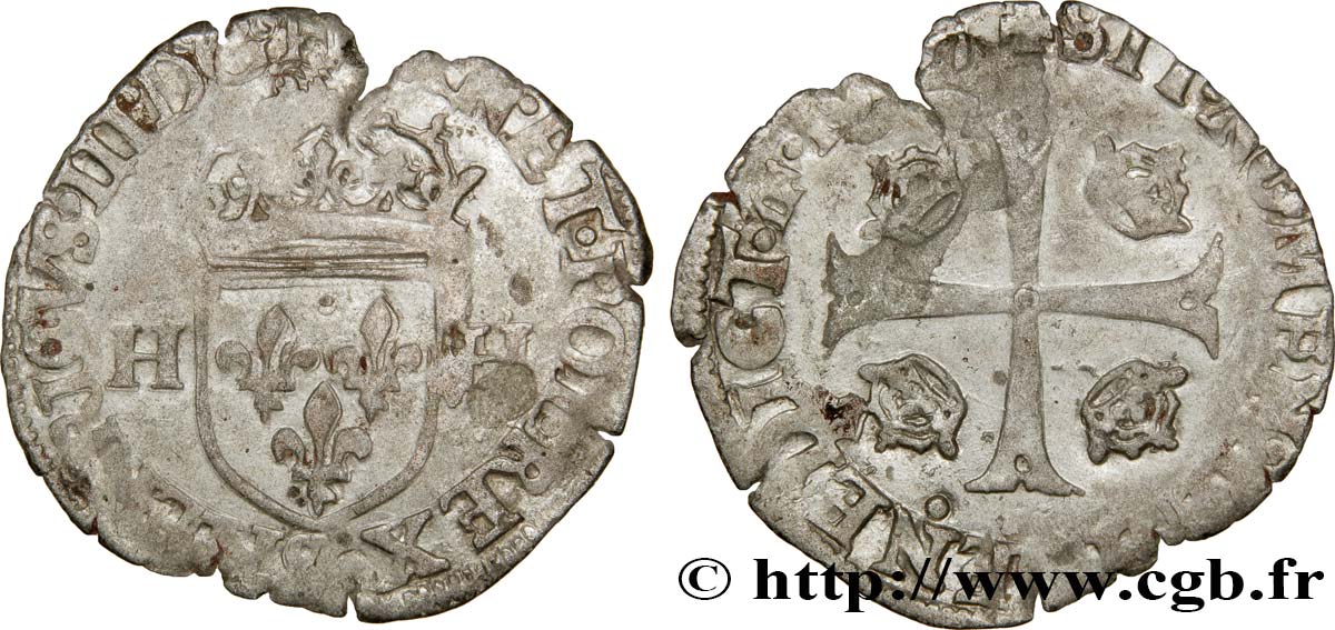 HENRI III Douzain aux deux H, 1er type 1577 Troyes TB+/TTB