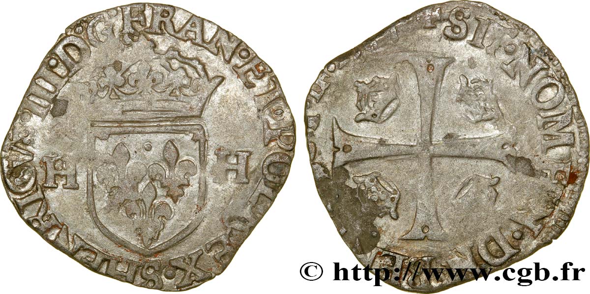 HENRY III Douzain aux deux H, 1er type 1577 Troyes BC+