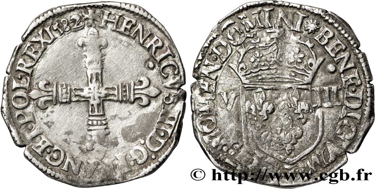 HENRI III Huitième d écu, croix de face 1582 Nantes TB+/TB