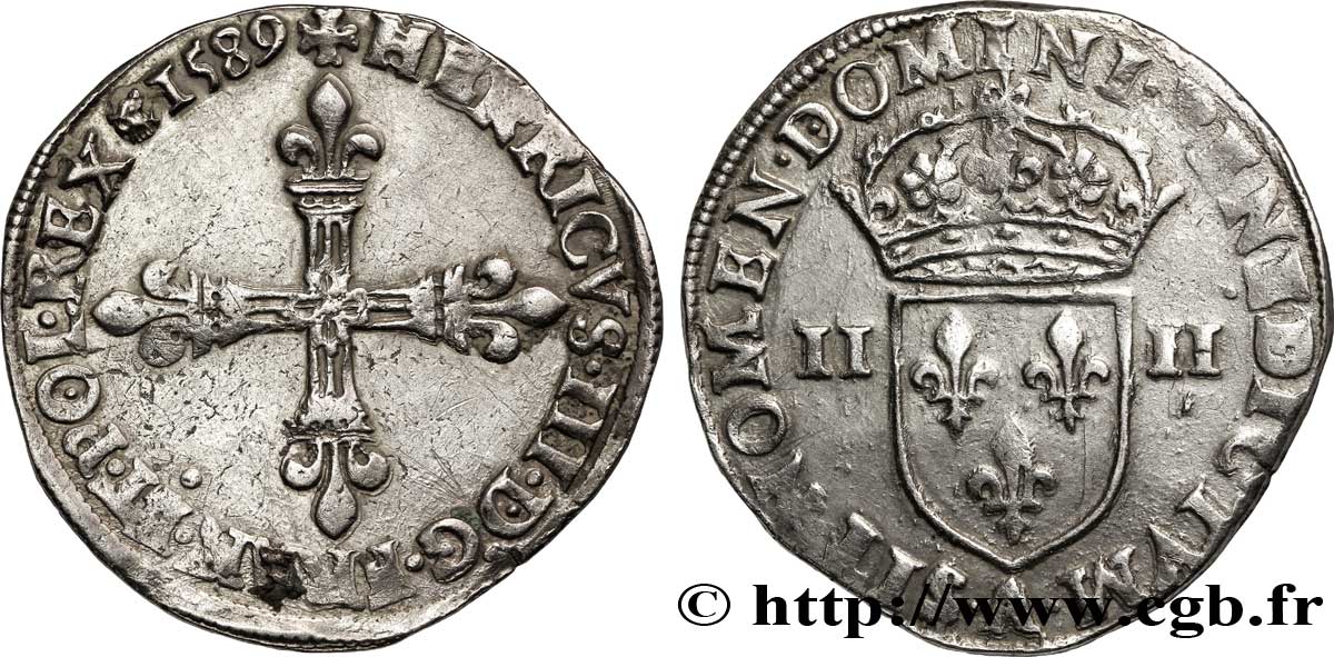 HENRI III Quart d écu, croix de face 1589 Paris TTB