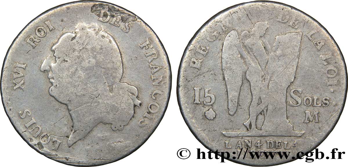 LOUIS XVI (MONARQUE CONSTITUTIONNEL) 15 sols dit au génie , type FRANÇOIS 1792 Toulouse B