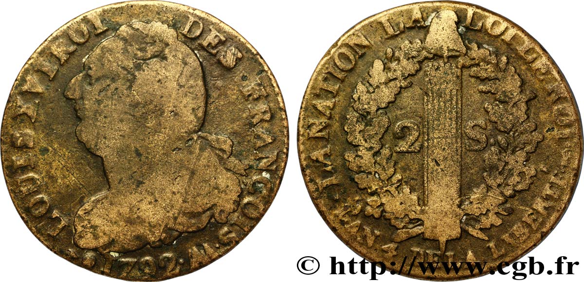 LOUIS XVI (MONARQUE CONSTITUTIONNEL) 2 sols dit au faisceau , type FRANÇOIS 1792 Metz B