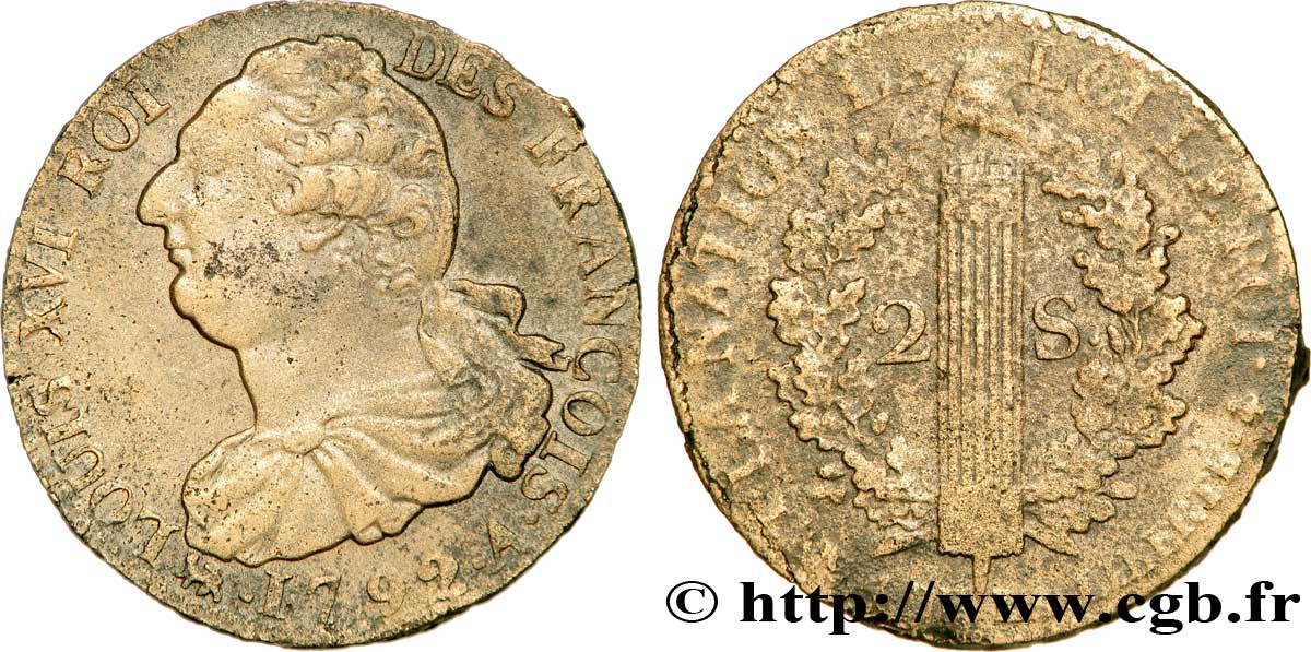 LOUIS XVI (MONARQUE CONSTITUTIONNEL) 2 sols dit au faisceau , type FRANÇOIS 1792 Paris TTB+/TTB