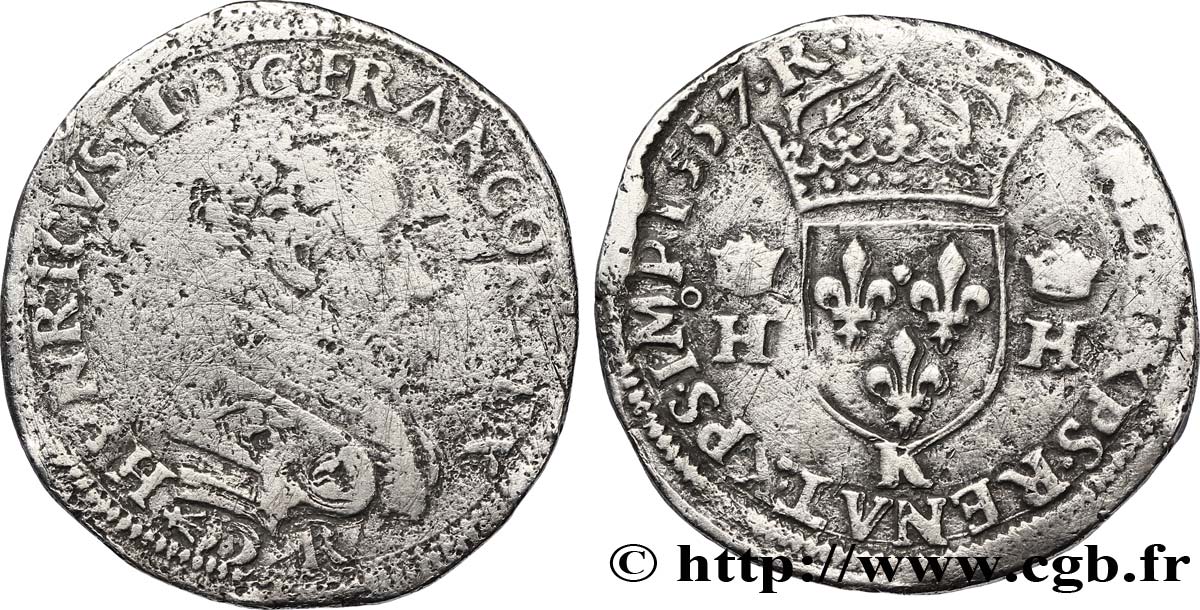 HENRI II Teston à la tête nue, 3e type 1557 Bordeaux B/TB