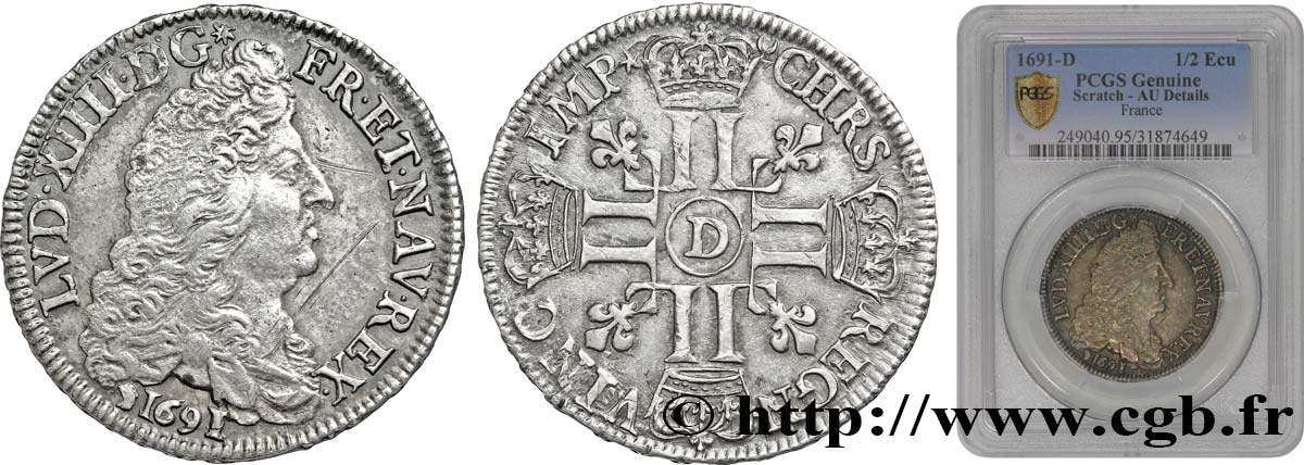 LOUIS XIV  THE SUN KING  Demi-écu aux huit L, 1er type 1691 Lyon BB