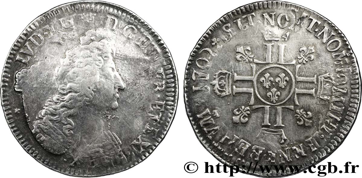 LOUIS XIV  THE SUN KING  Écu aux huit L, 2e type 1704 s.l. VF/XF