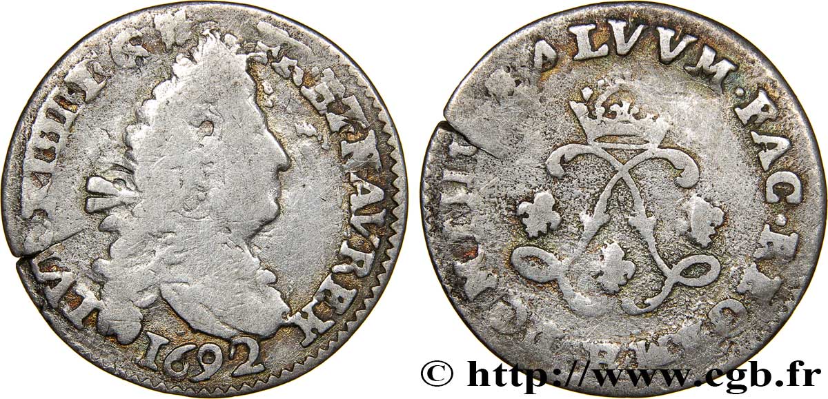 LOUIS XIV LE GRAND OU LE ROI SOLEIL Quatre sols aux deux L 1692 La rochelle B+/TB