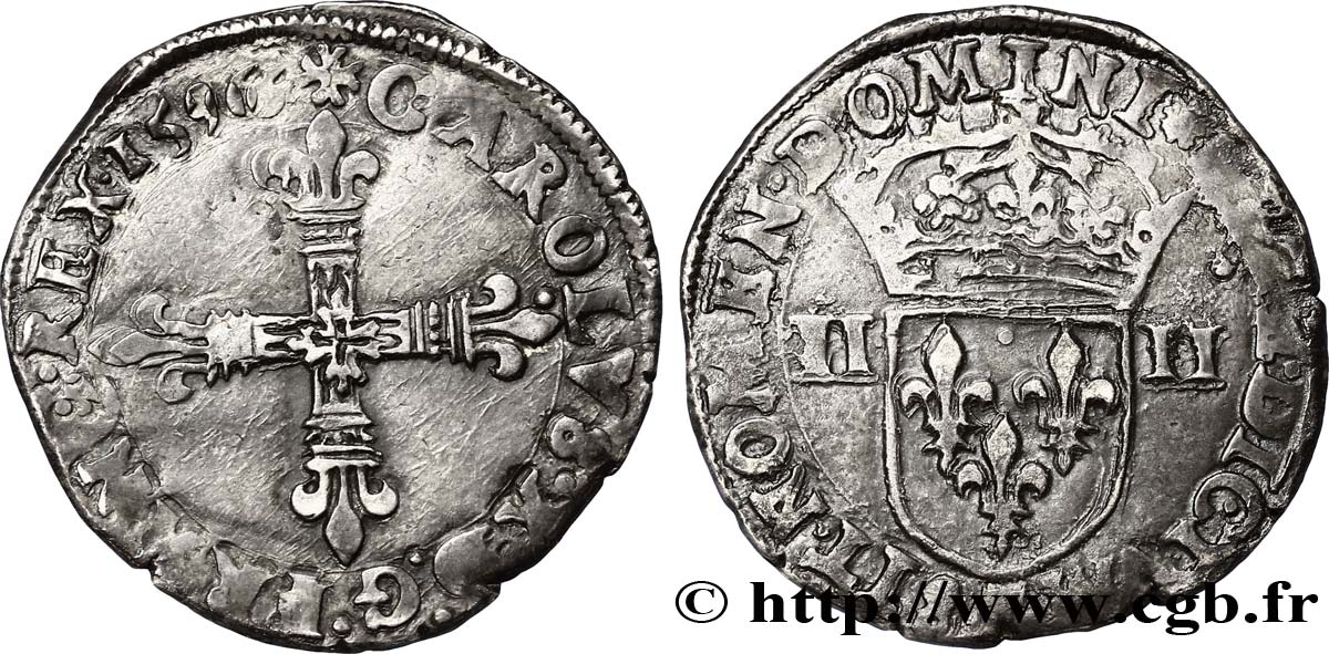 CHARLES X, CARDINAL DE BOURBON Quart d écu, croix de face 1596 Nantes TTB/TB+
