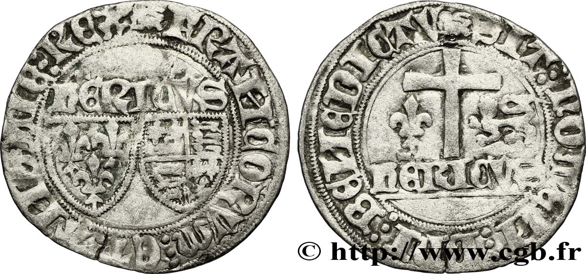 HENRY VI DE LANCASTRE - ROI DE FRANCE (1422-1453) - ROI D ANGLETERRE (1422-1461) et (1470-1471) Blanc aux écus n.d. Rouen TB+