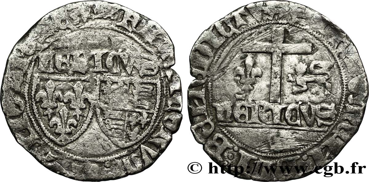HENRY VI DE LANCASTRE - ROI DE FRANCE (1422-1453) - ROI D ANGLETERRE (1422-1461) et (1470-1471) Blanc aux écus n.d. Rouen TB