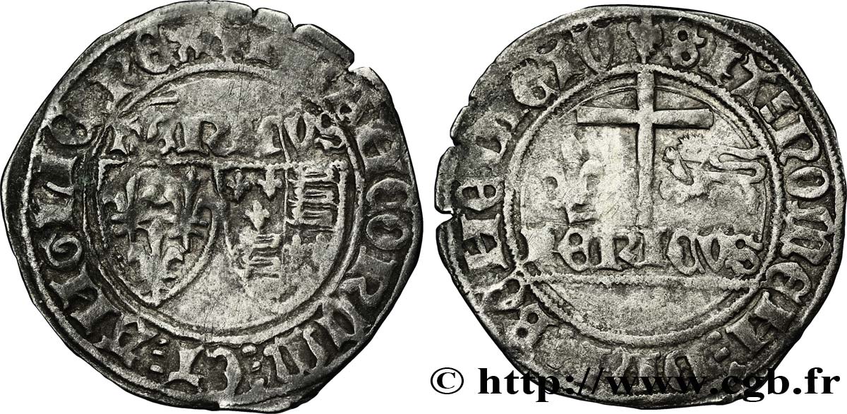 HENRY VI DE LANCASTRE - ROI DE FRANCE (1422-1453) - ROI D ANGLETERRE (1422-1461) et (1470-1471) Blanc aux écus n.d. Saint-Lô TTB