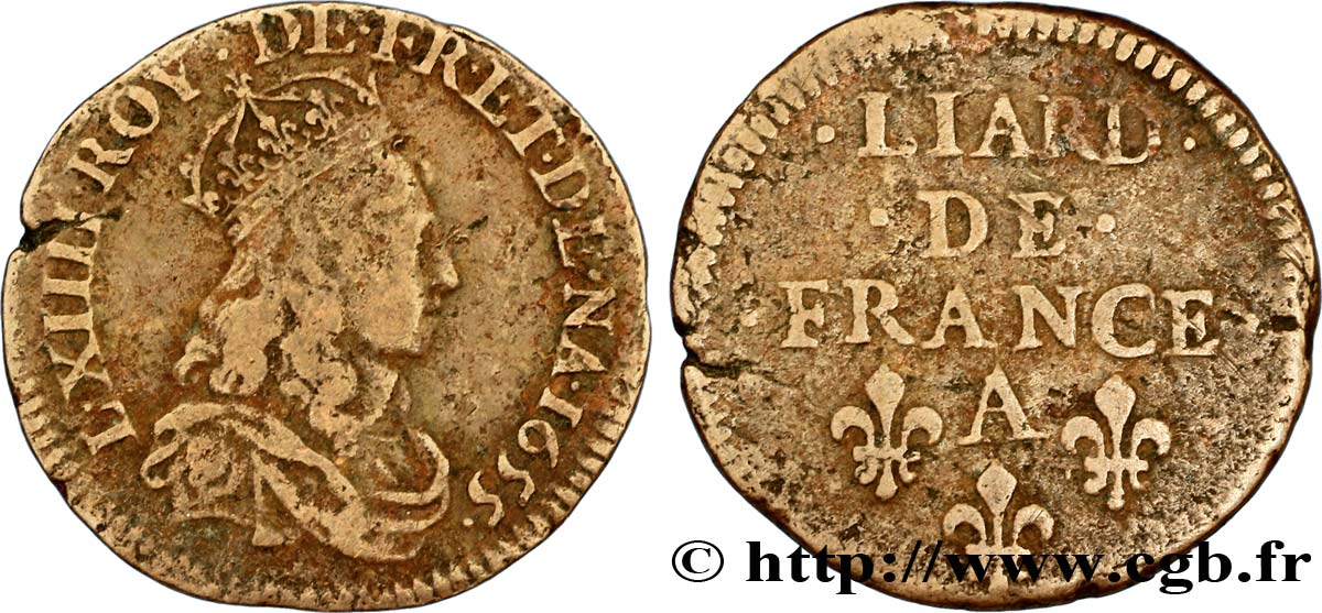 LOUIS XIV  THE SUN KING  Liard de cuivre, 2e type 1655 Corbeil VF