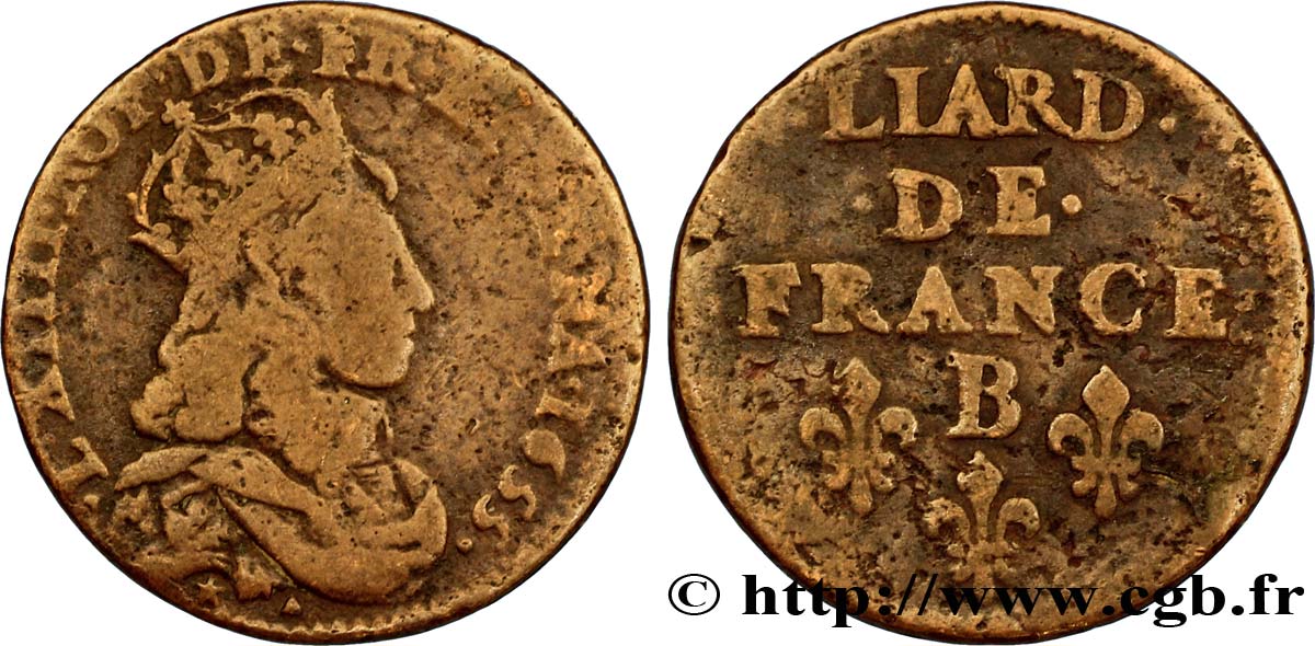 LOUIS XIV  THE SUN KING  Liard de cuivre, 2e type 1655 Pont-de-l’Arche VF