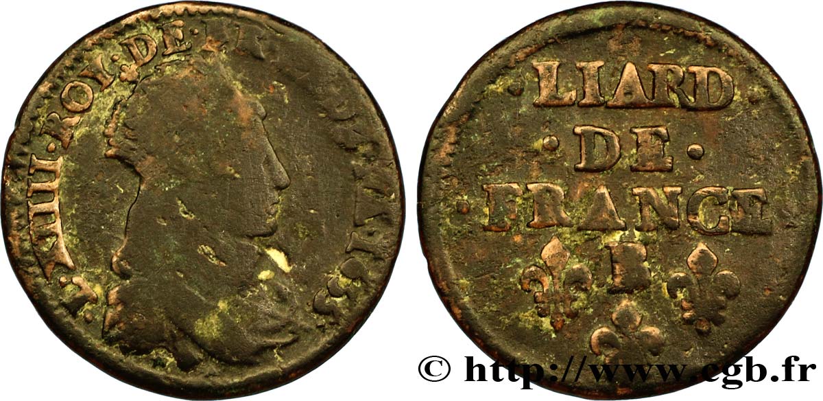 LOUIS XIV  THE SUN KING  Liard de cuivre, 2e type 1655 Pont-de-l’Arche q.MB