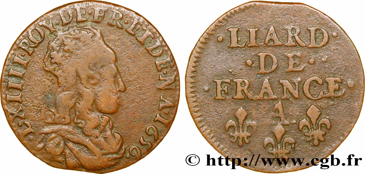 LOUIS XIV LE GRAND OU LE ROI SOLEIL Liard de cuivre, 2e type 1656 Corbeil TB+