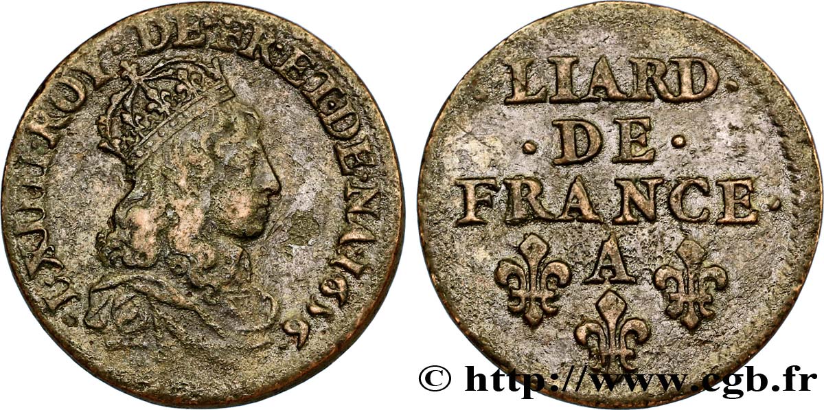 LOUIS XIV  THE SUN KING  Liard de cuivre, 2e type 1656 Corbeil VF