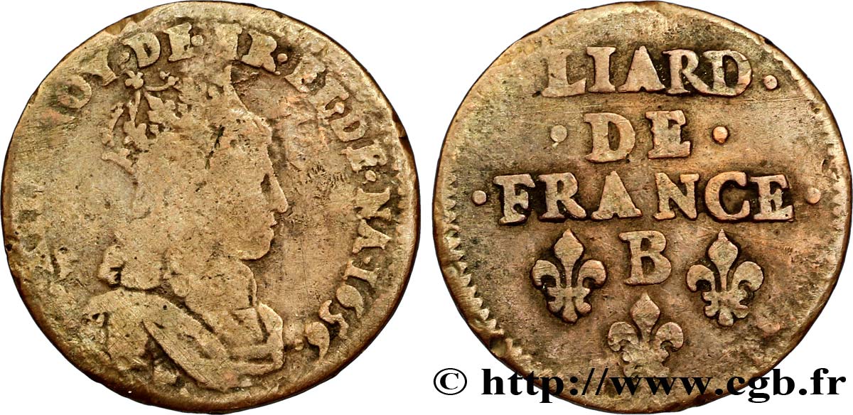 LOUIS XIV  THE SUN KING  Liard de cuivre, 2e type 1656 Pont-de-l’Arche VF