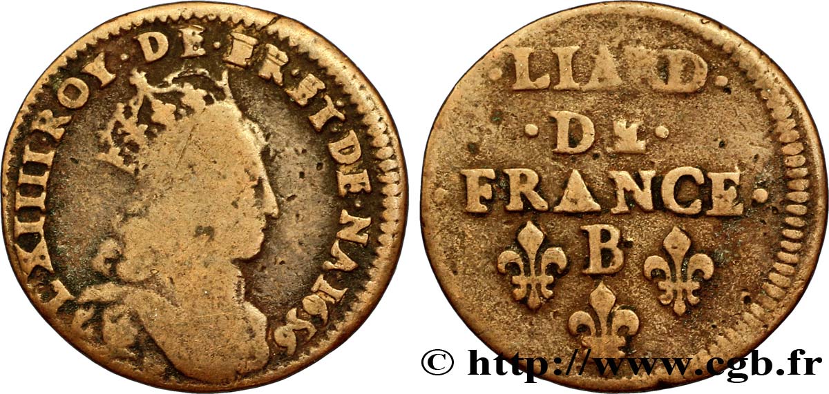 LOUIS XIV  THE SUN KING  Liard de cuivre, 2e type 1656 Pont-de-l’Arche VF