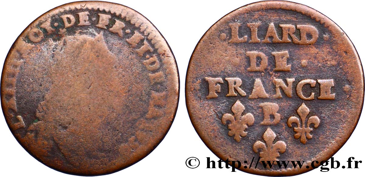 LOUIS XIV  THE SUN KING  Liard de cuivre, 2e type 1656 Pont-de-l’Arche RC