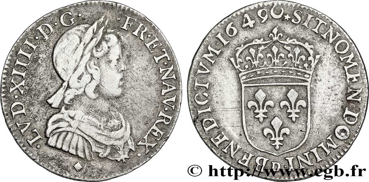 LOUIS XIV  THE SUN KING  Quart d écu, portrait à la mèche courte 1649 Lyon q.BB/BB