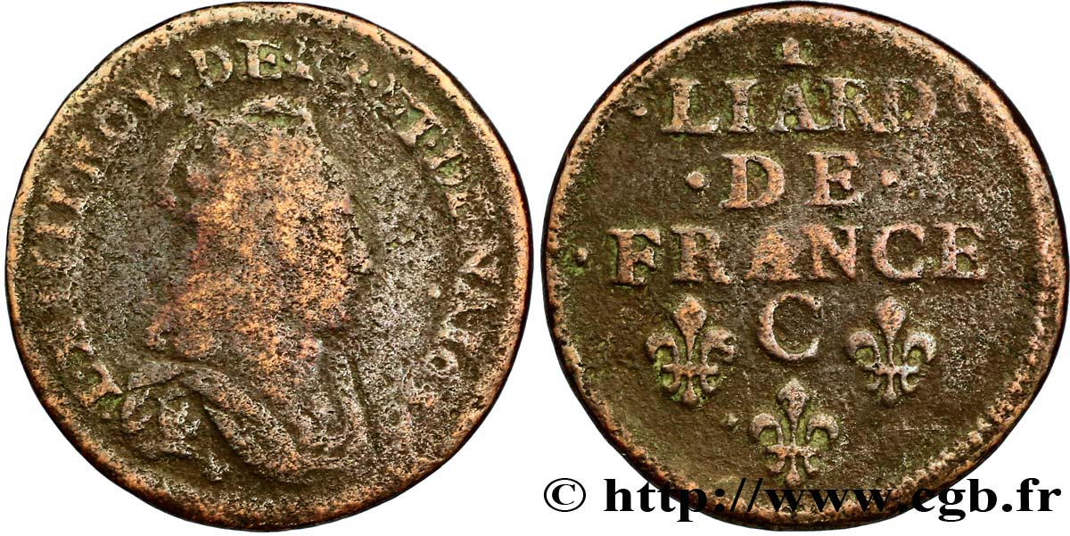LOUIS XIV LE GRAND OU LE ROI SOLEIL Liard de cuivre, 2e type 1656 Caen B/TB