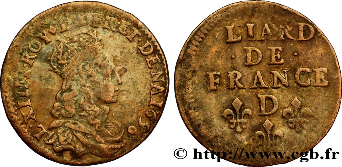 LOUIS XIV  THE SUN KING  Liard de cuivre, 2e type 1656 Vimy-en-Lyonnais (actuellement Neuville-sur-Saône) XF/VF
