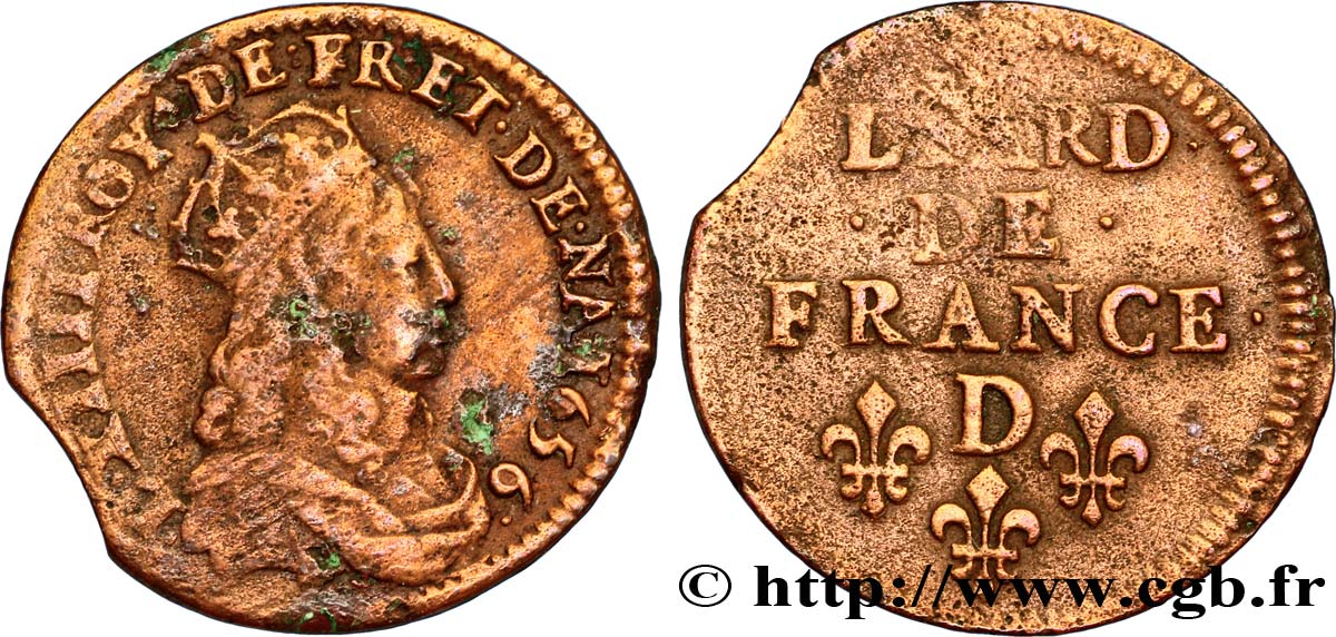 LOUIS XIV  THE SUN KING  Liard de cuivre, 2e type 1656 Vimy-en-Lyonnais (actuellement Neuville-sur-Saône) BC+