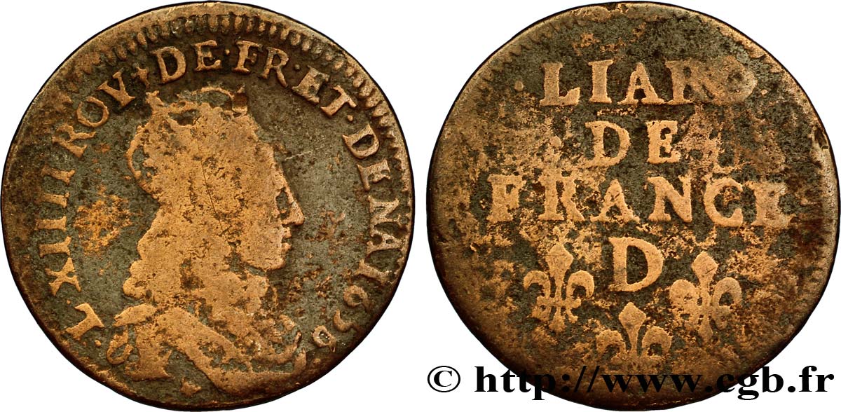 LOUIS XIV LE GRAND OU LE ROI SOLEIL Liard de cuivre, 2e type 1656 Vimy-en-Lyonnais (actuellement Neuville-sur-Saône) B+