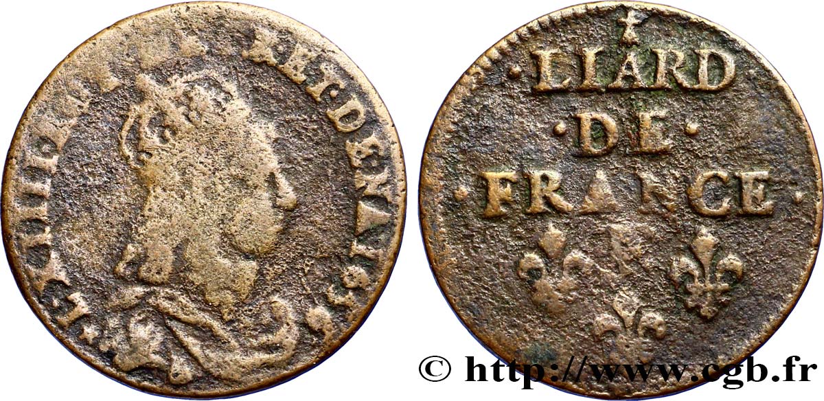 LOUIS XIV  THE SUN KING  Liard de cuivre, 2e type 1656 Meung-sur-Loire VF