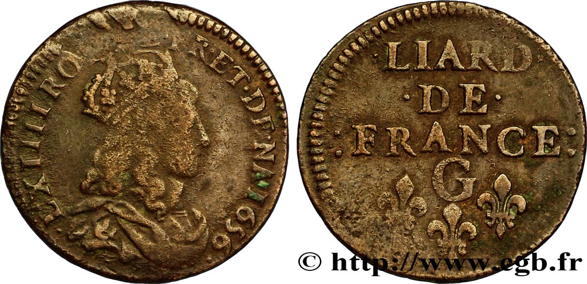 LOUIS XIV  THE SUN KING  Liard de cuivre, 2e type 1656 Lusignan VF