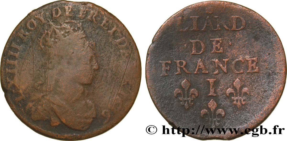 LOUIS XIV LE GRAND OU LE ROI SOLEIL Liard de cuivre, 2e type 1656 Limoges B+